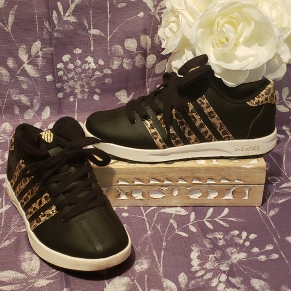 K-Swiss Other - K SWISS BLK/LEOPARD LEATHER SNEAKERS W/BOWS SIZE 3